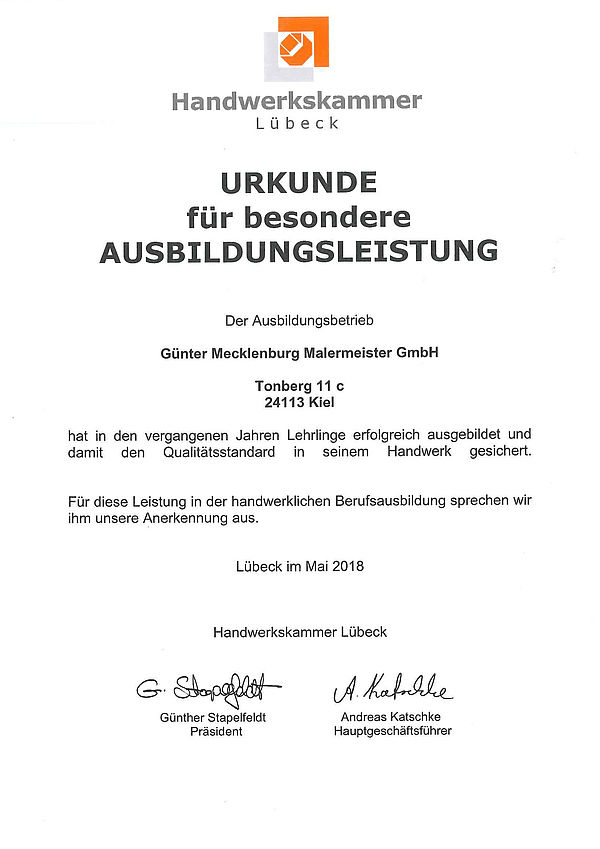 Malermeister Günter Mecklenburg - Auszeichnung für erfolgreiche Lehrlingsausbildung