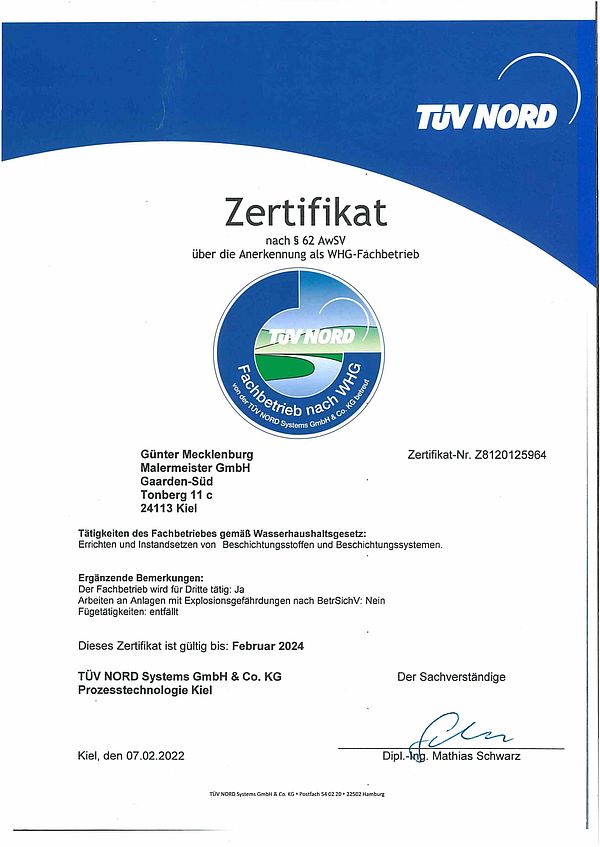 TÜV-Zertifikat für Fachbetreib nach Wasserhaushaltsgesetz