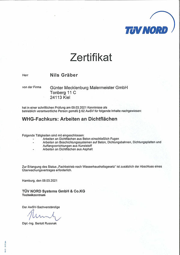 Zertifikat WHG-Arbeiten an Dichtflächen